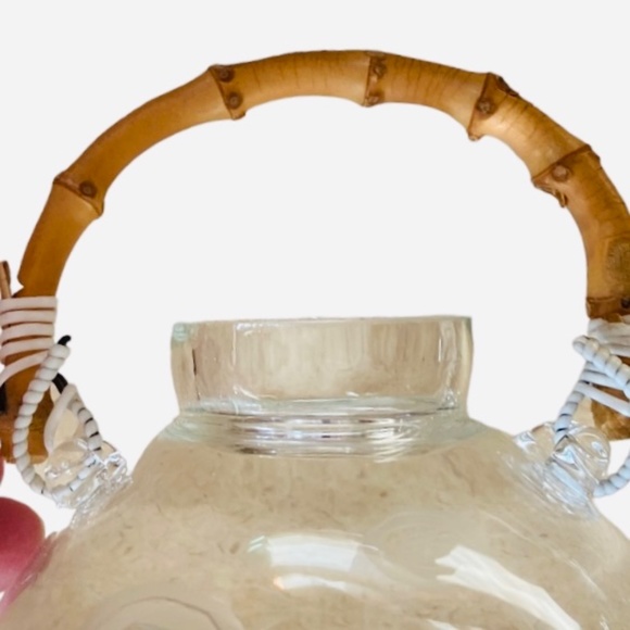 Vintage Hand Blown Teapot With Lid and Bamboo Handle and Red Etched Flowers - Picture 7 of 7